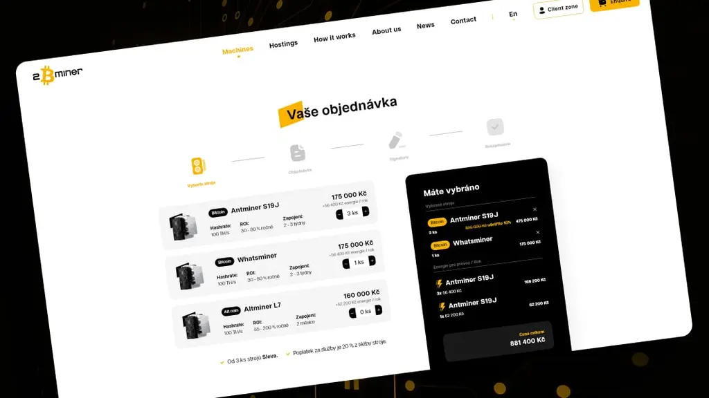 Objednávkový proces e-shopu 2Bminer s výběrem těžebních strojů a souhrnem objednávky