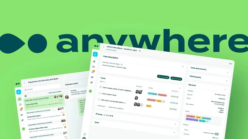 Aplikace Anywhere.legal pro řízení mezinárodní právní kauzy – přehled úkolů a detail případu na zeleném pozadí s logem