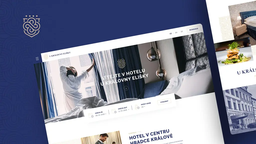 Webové stránky Hotelu U Královny Elišky s fotografiemi pokojů a historického centra Hradce Králové