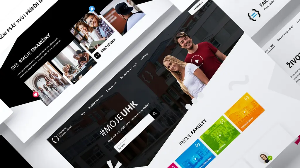 Náborový web mojeUHK Univerzity Hradec Králové na několika obrazovkách s fotografiemi studentů
